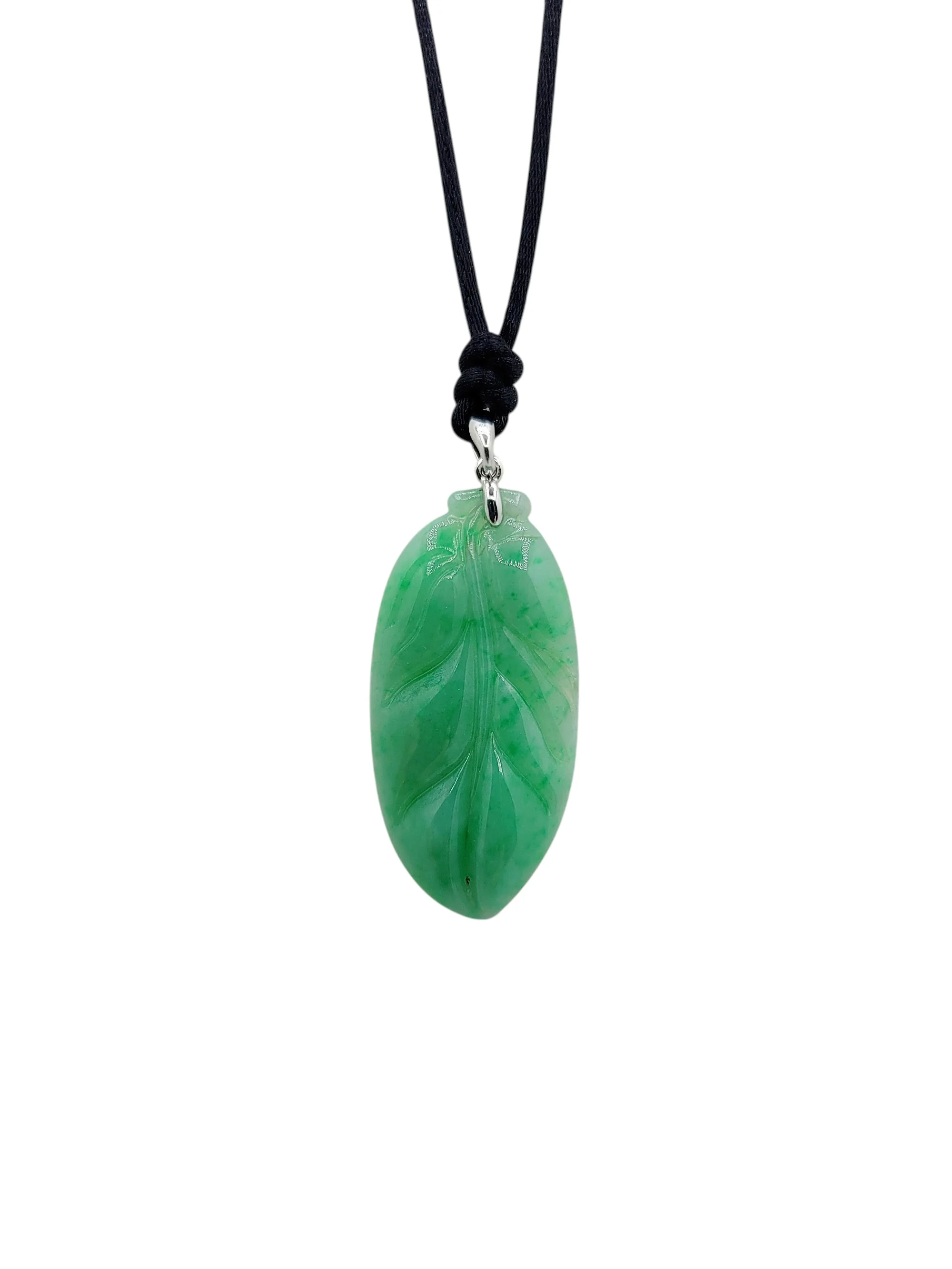 14K White Gold Green Jadeite Jade Leaf Pendant