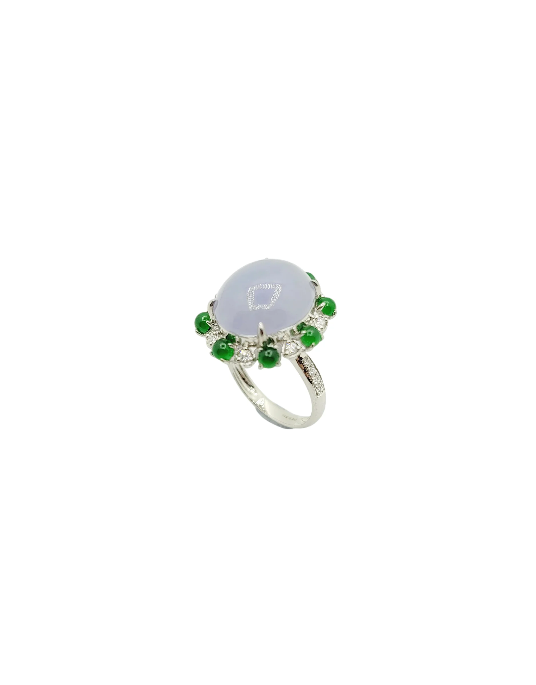 14K White Gold Pale Purple Jadeite Jade Oval Cabochon Ring with Natural Diamonds