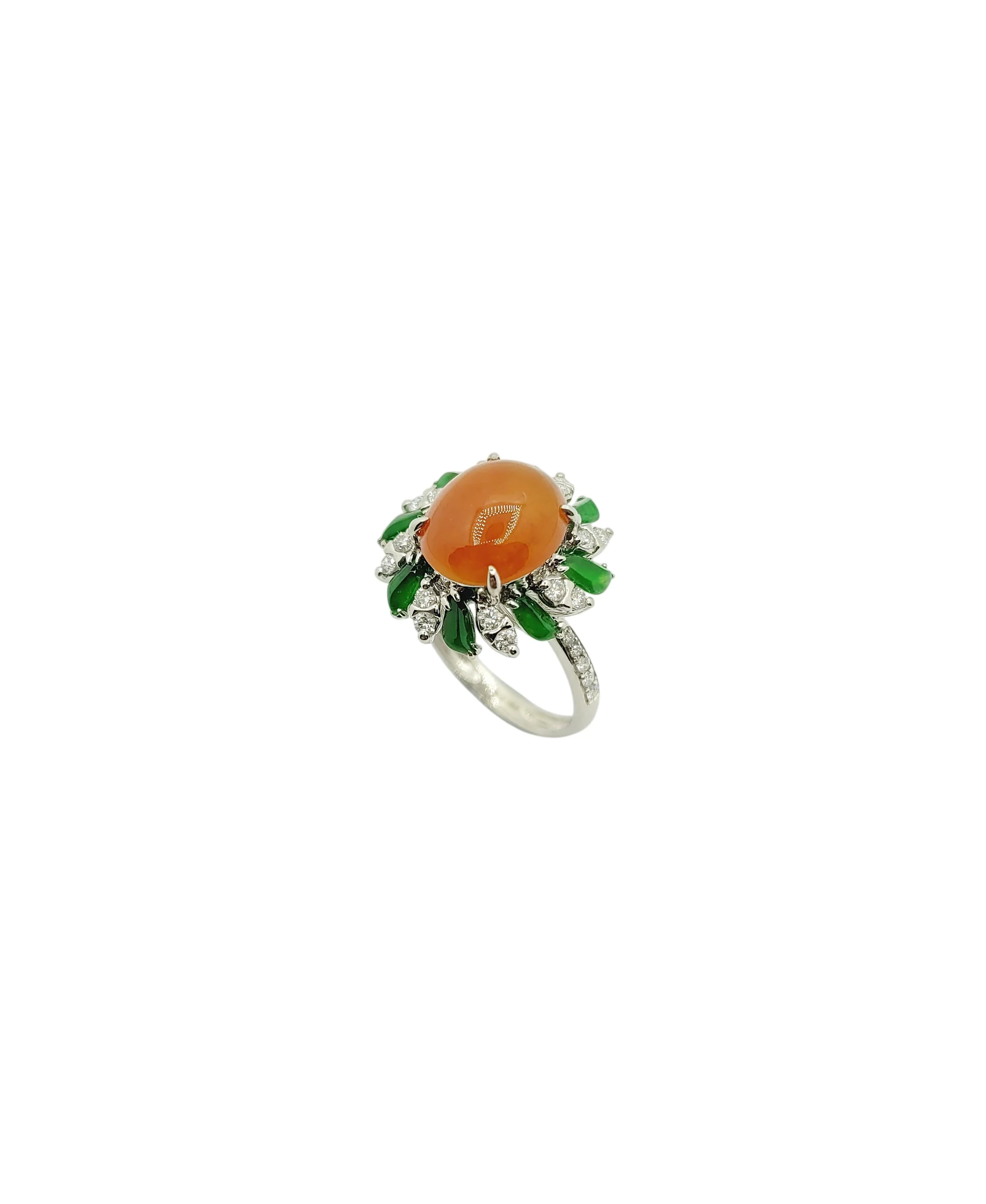 18K White Gold Brownish Orange Jadeite Jade Oval Cabochon Ring with Natural Diamonds