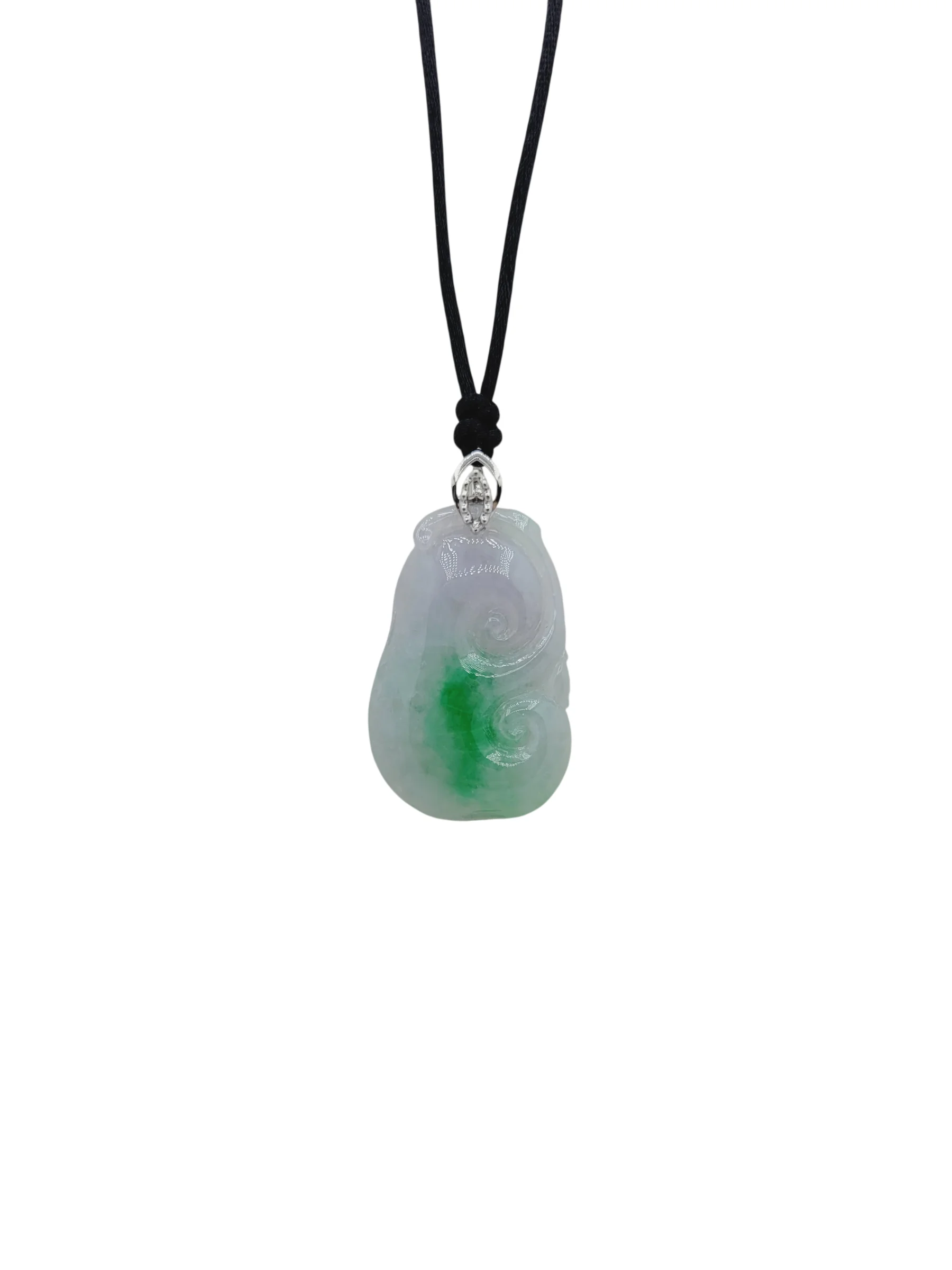 18K White Gold Icy with Bright Green Patches Jadeite Jade Ruyi Pendant