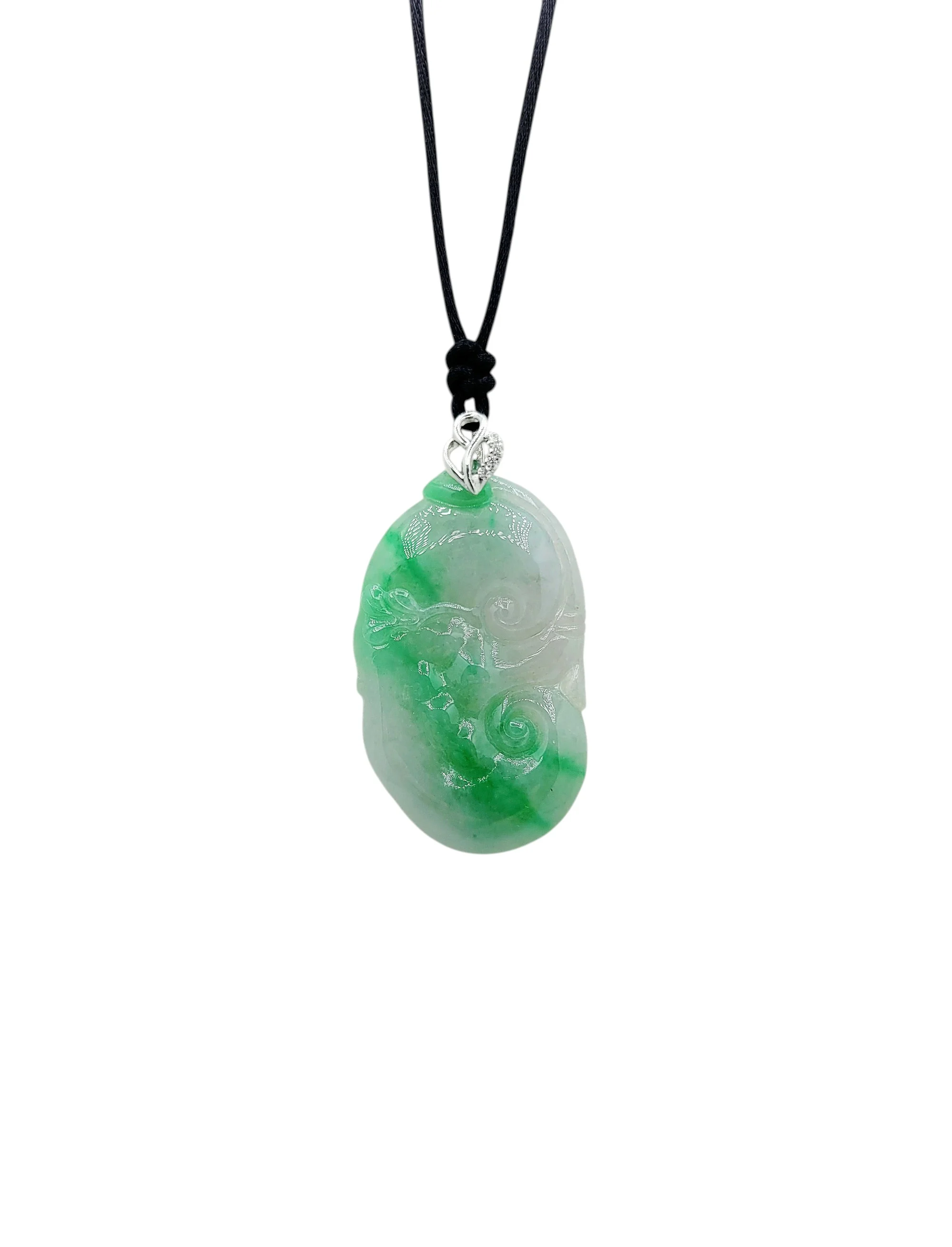 18K White Gold White with Bright Green Patches Jadeite Jade Ruyi Pendant with Natural Diamond