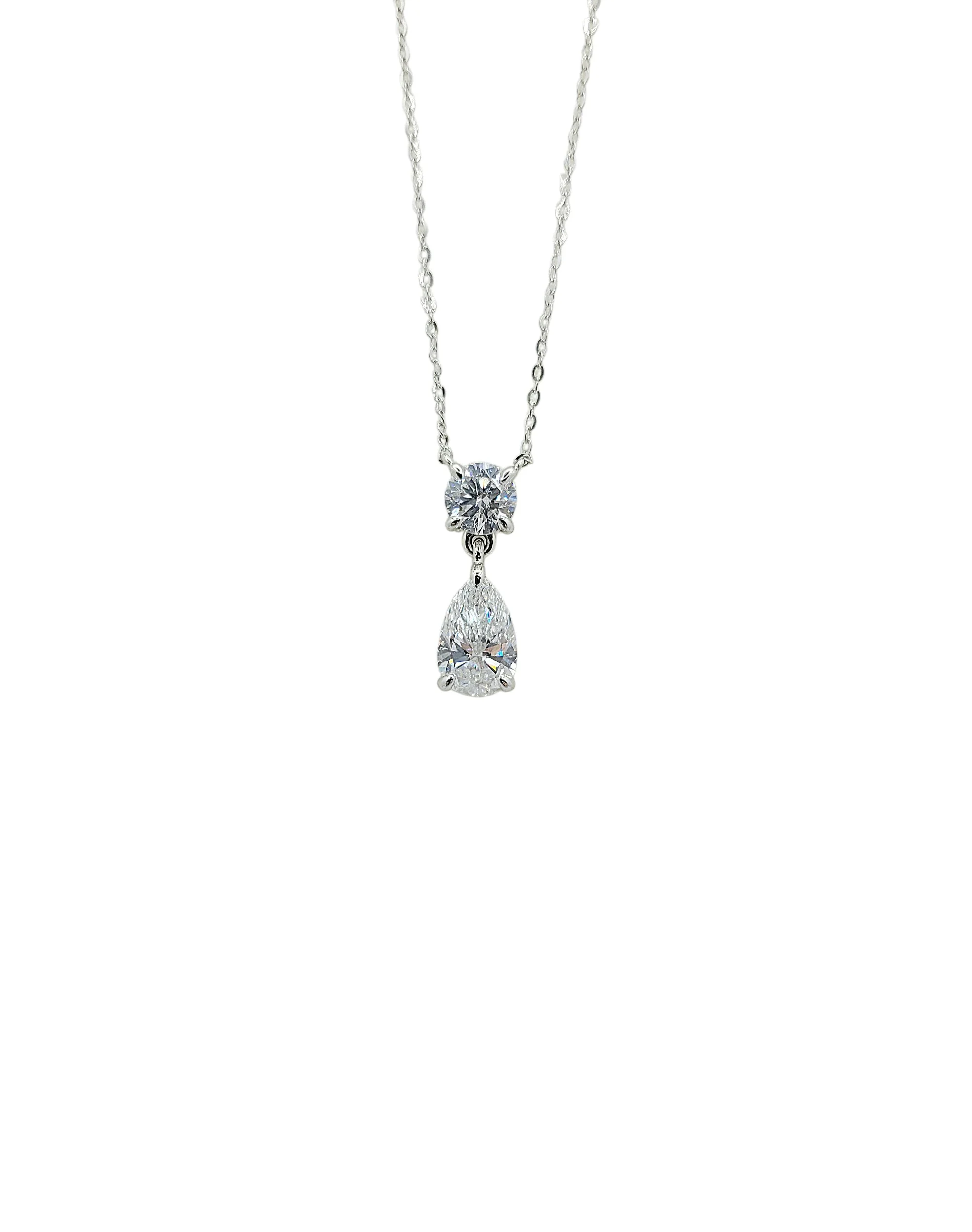 14K White Gold 4 Prong Round Brilliant Cut Lab Grown Diamond and 3 Prong Pear Cut Necklace With 18K White Gold Chain