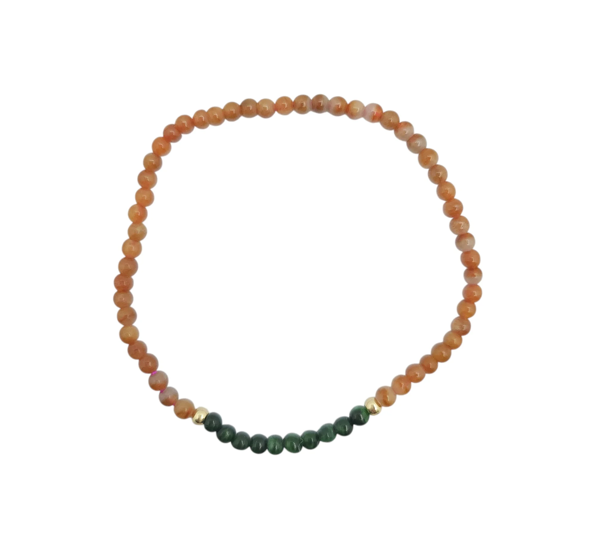 Red Orange and Dark Green Jadeite Jade Bead Bracelet with Gold Accented
