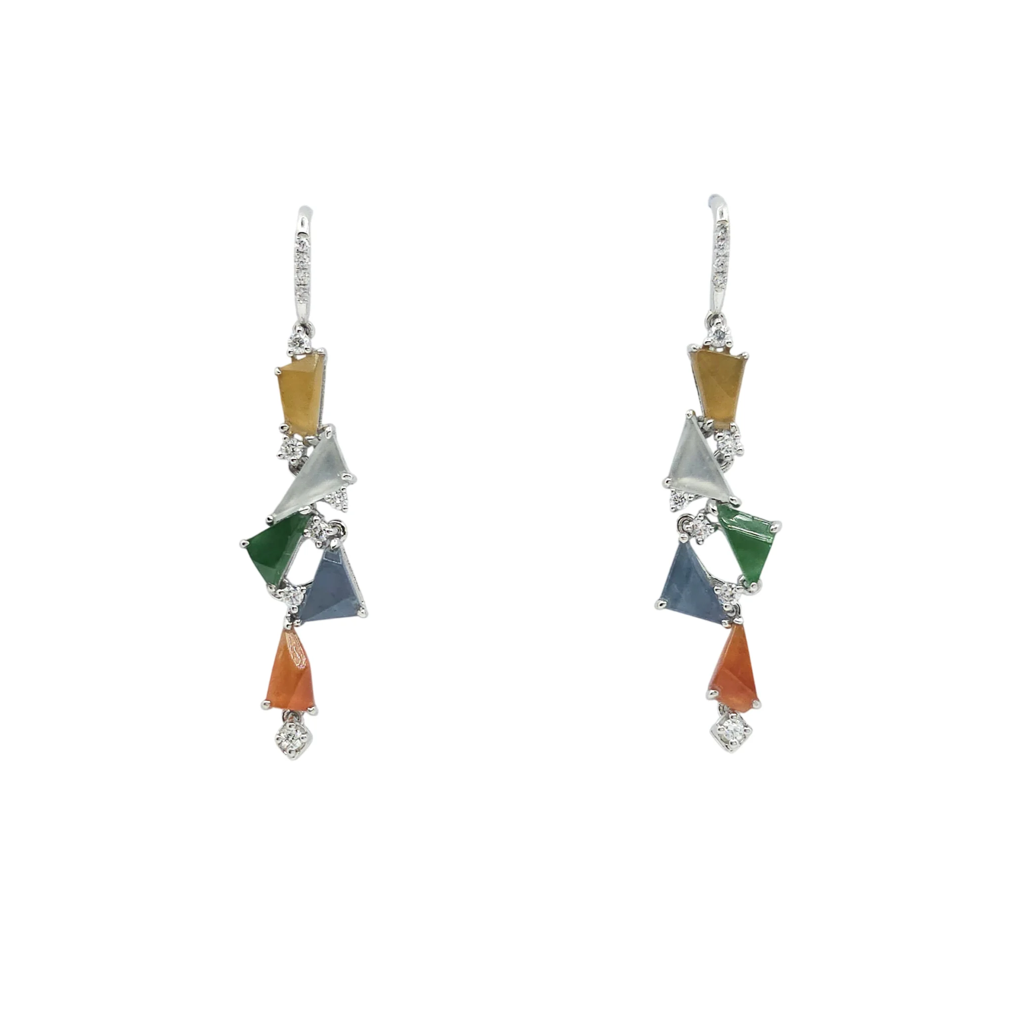 18K White Gold Multi color Jadeite Jade Fancy Shape Earrings with Natural Diamonds