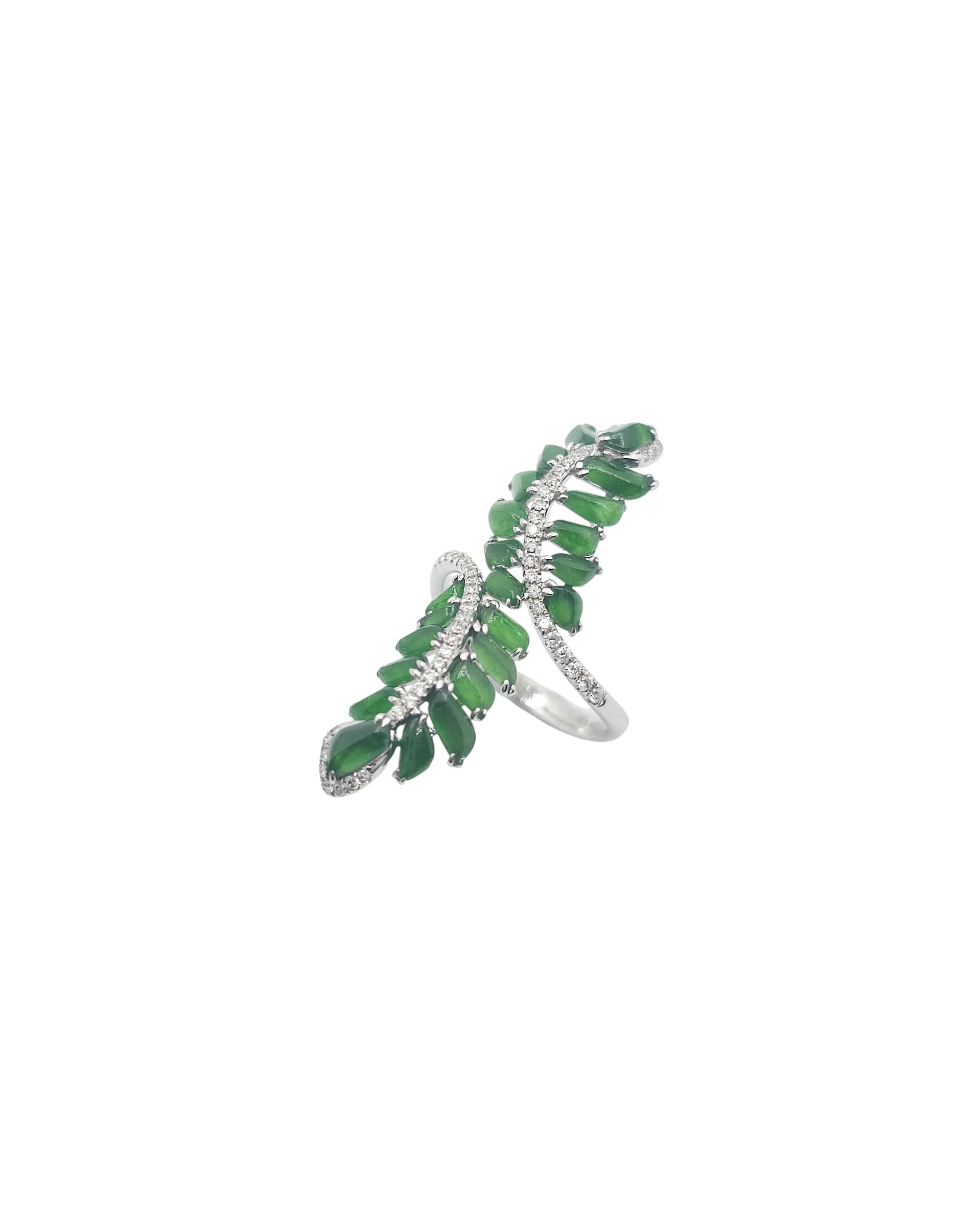 18K White Gold Intense Green Jadeite Jade Fancy Ring with Natural Diamonds