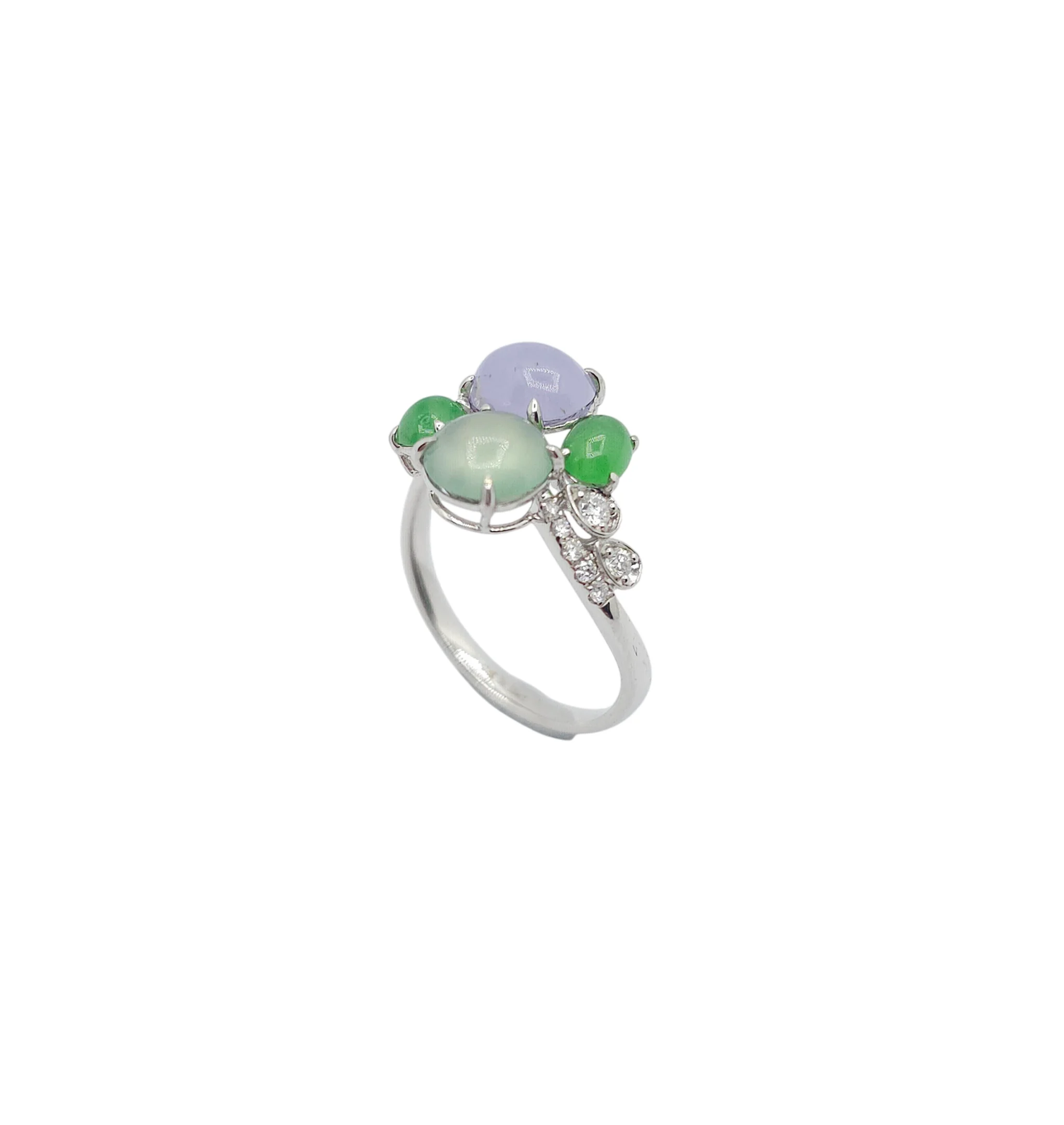 18K White Gold Multi Color Jadeite Jade Oval Cabochon Ring with Natural Diamonds