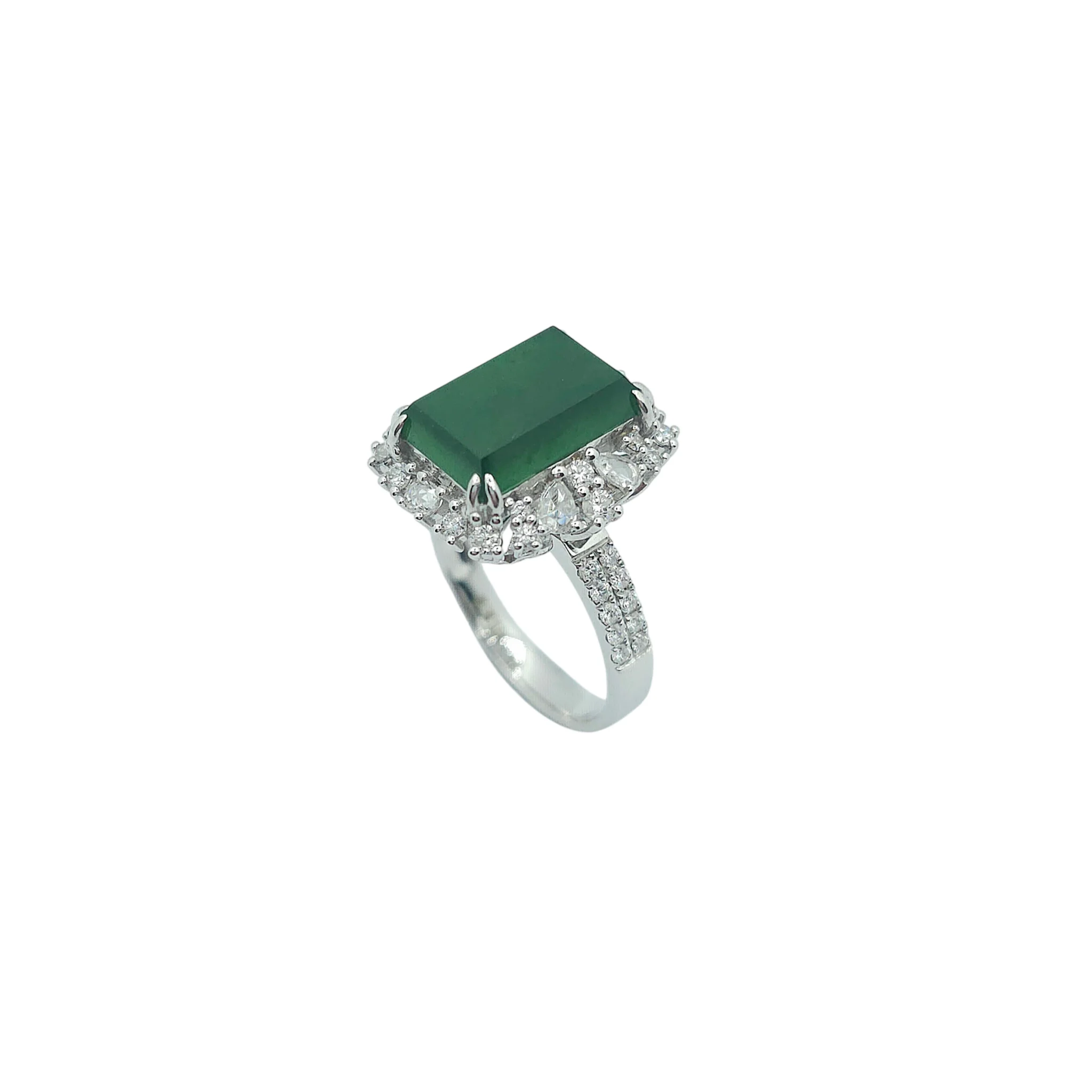18K White Gold Intense Green Jadeite Jade Rectangular Plaque Ring with Natural Diamonds