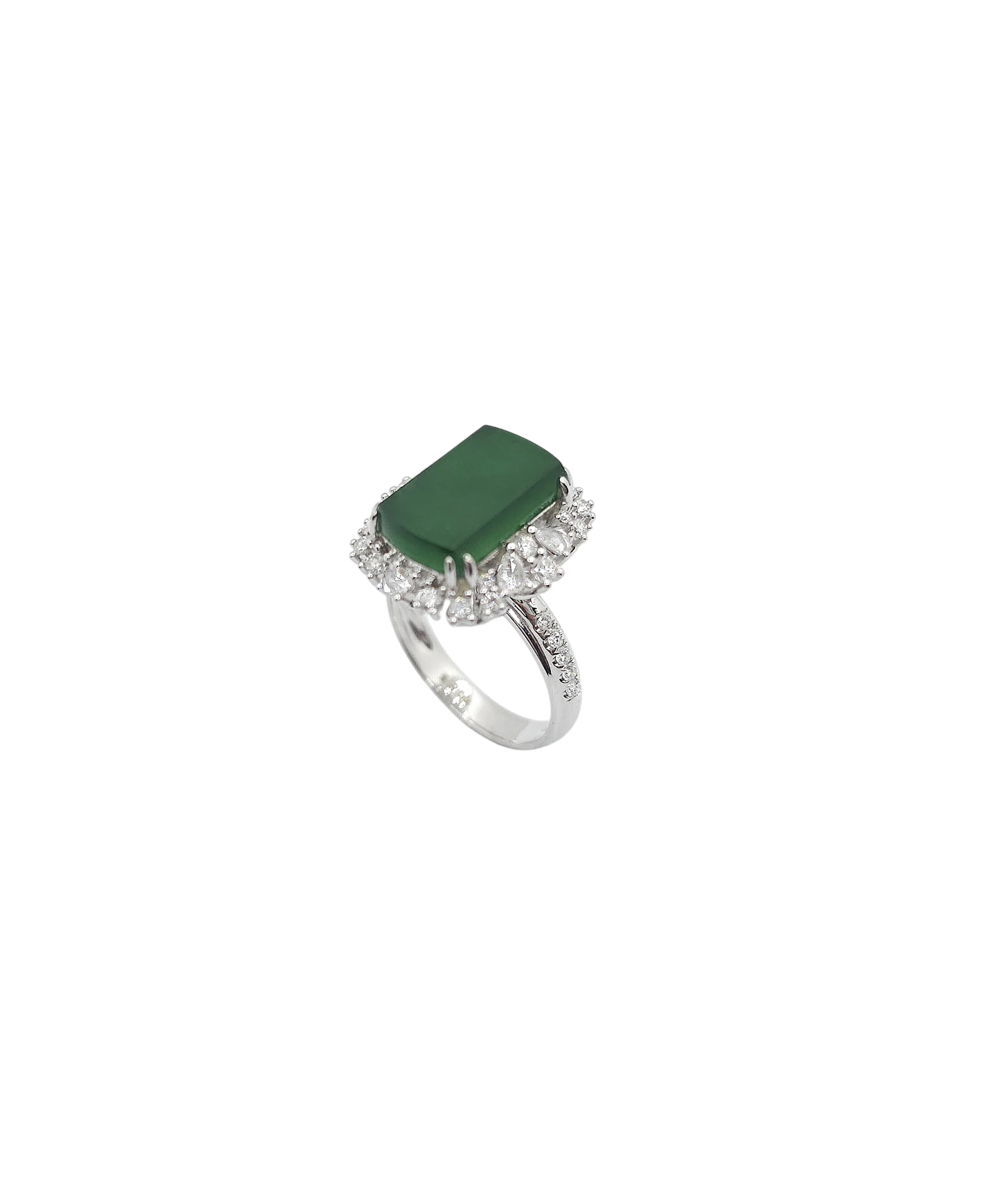 18K White Gold Intense Green Jadeite Jade Rectangular Plaque Ring with Natural Diamonds