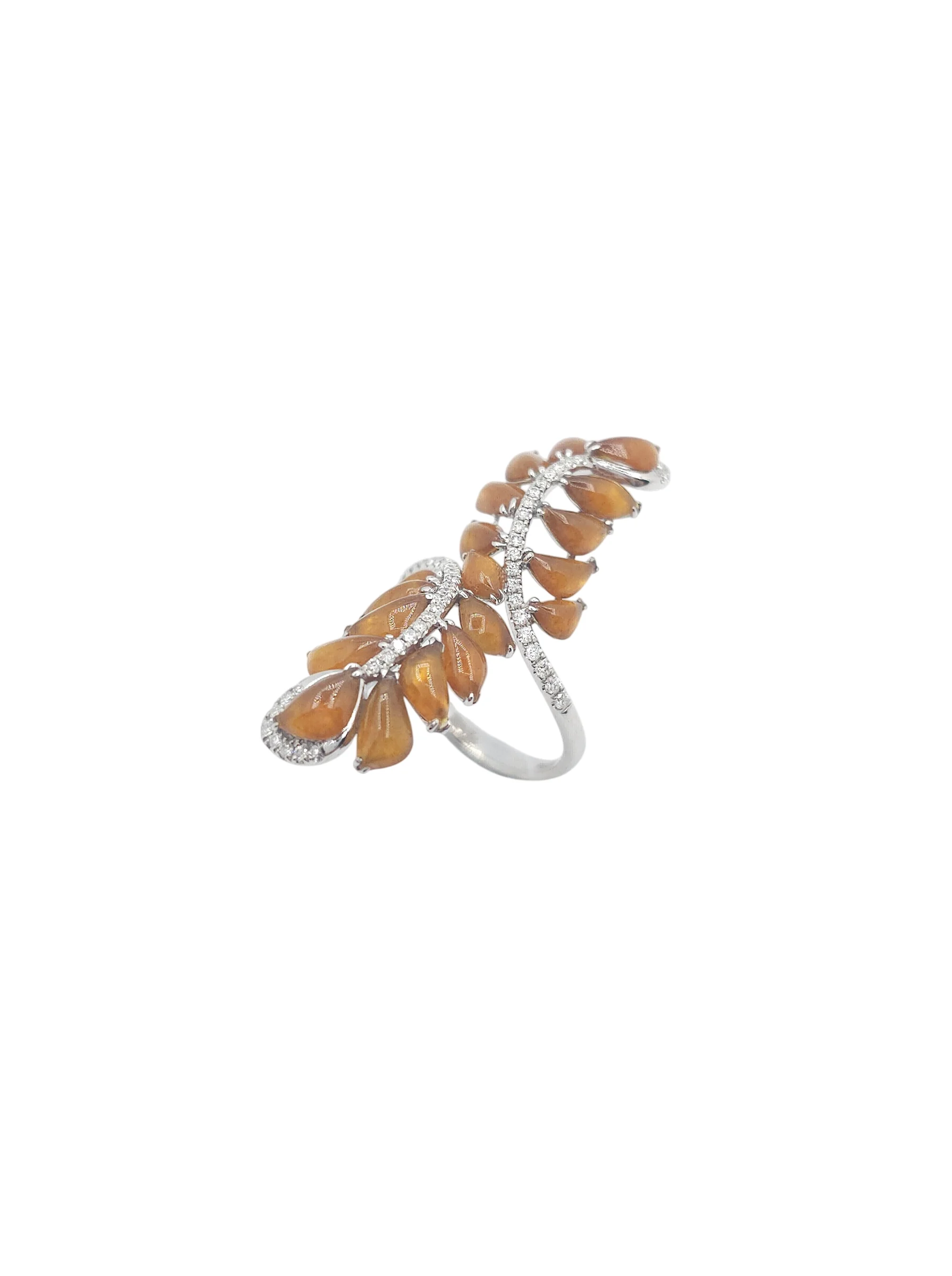 18K White Gold Light Brown Jadeite Jade Fancy Ring with Natural Diamonds