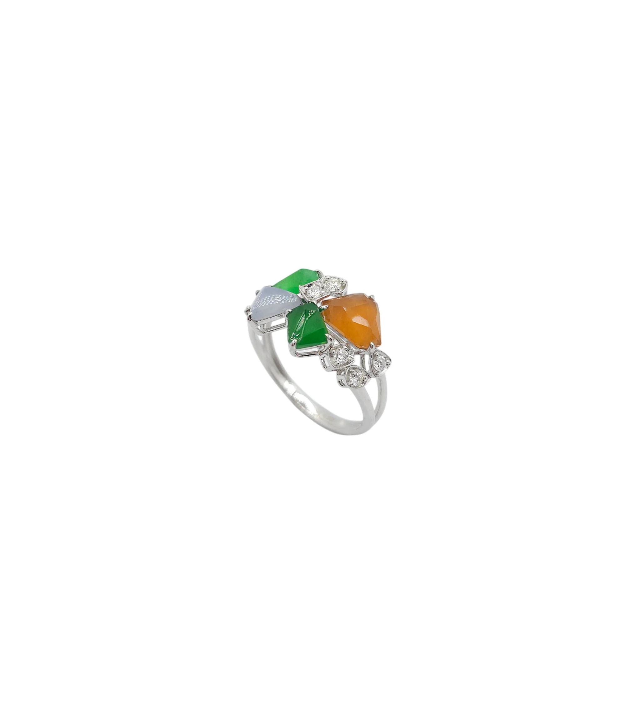 18K White Gold Multi Color Jadeite Jade Fancy Shape Ring with Natural Diamonds