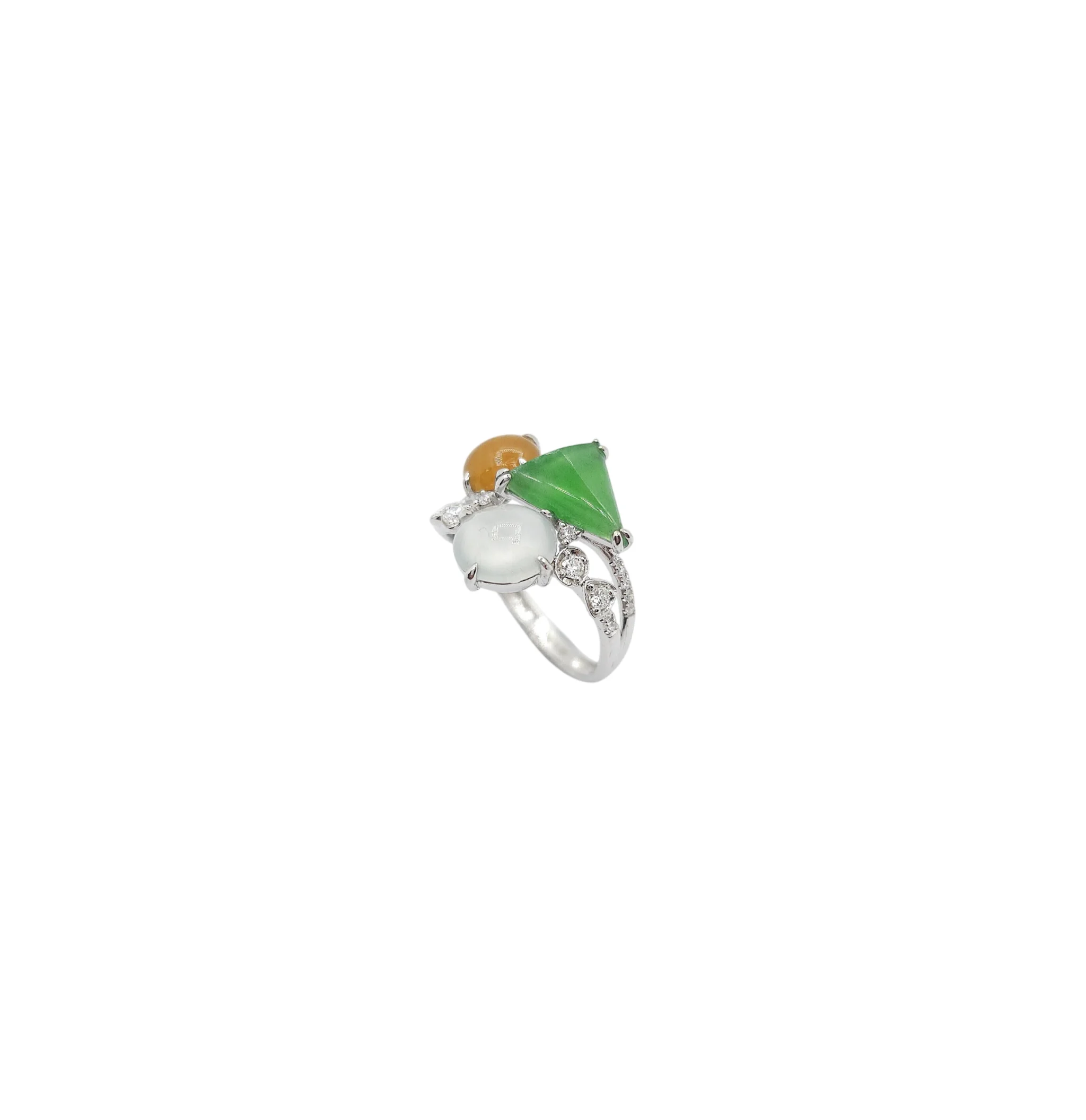 18K White Gold Multi Color Jadeite Jade Fancy Shape Ring with Natural Diamonds