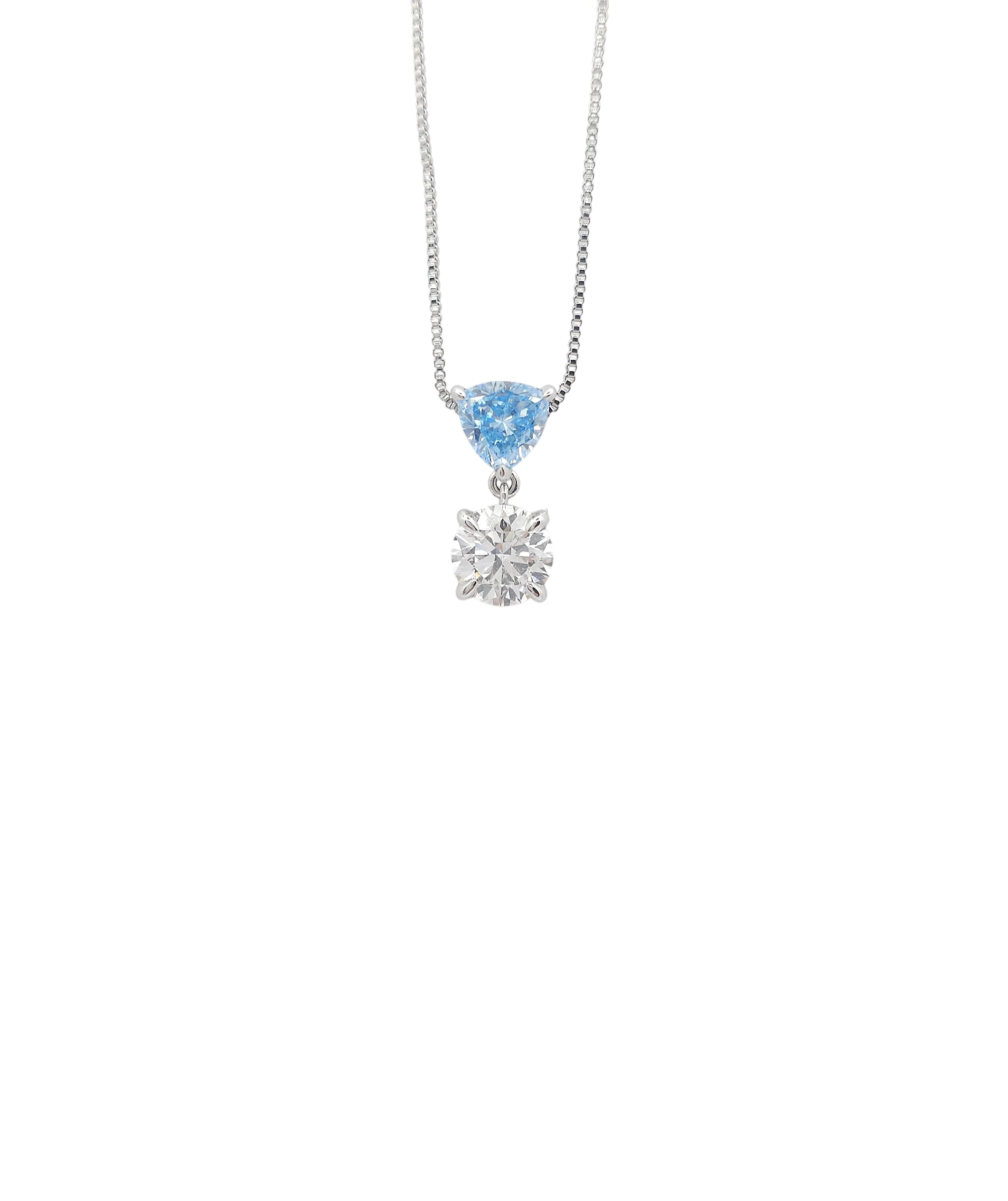 Platinum Round Brilliant cut and Triangular Blue Lab Grown Diamond Pendant