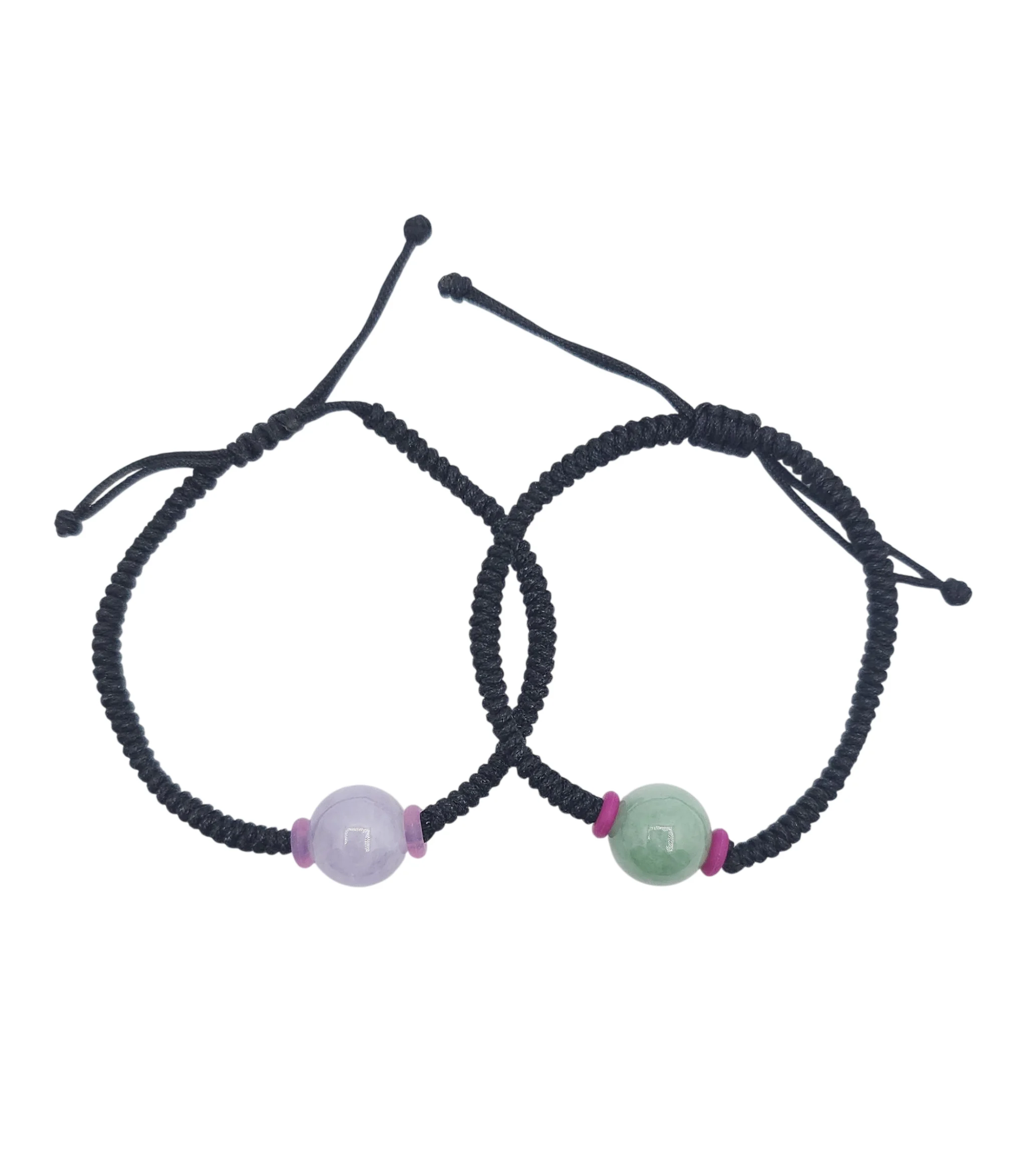 Purple or Green Jadeite Jade Sphere Bracelet with Black String