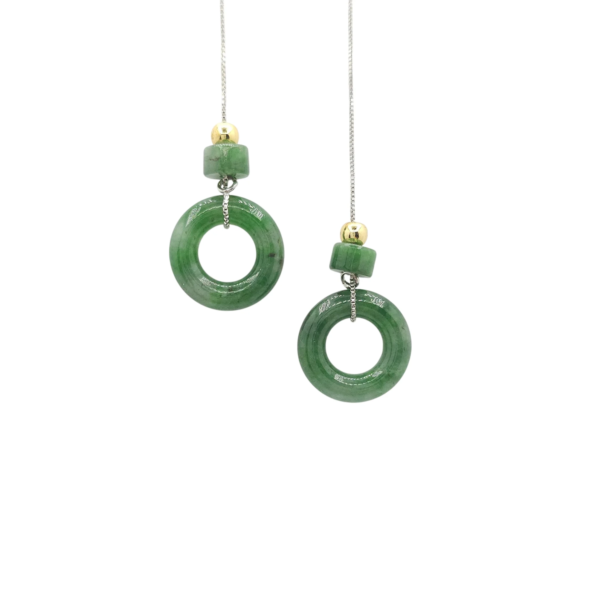 Silver Dark Green Jadeite Jade Donut Earrings