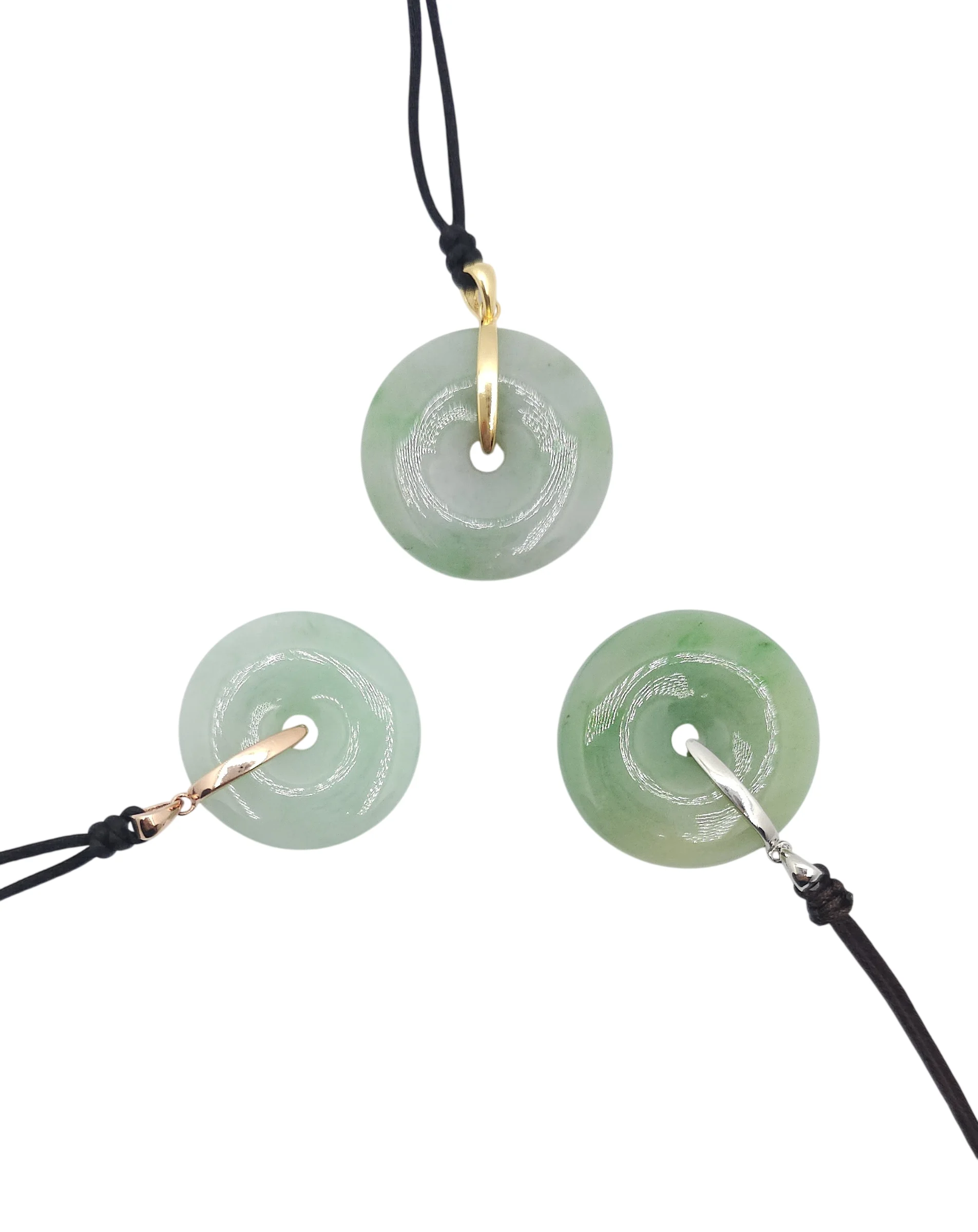 Light Green with Green Patches Jadeite Jade Donut Pendant with Silver Clasp
