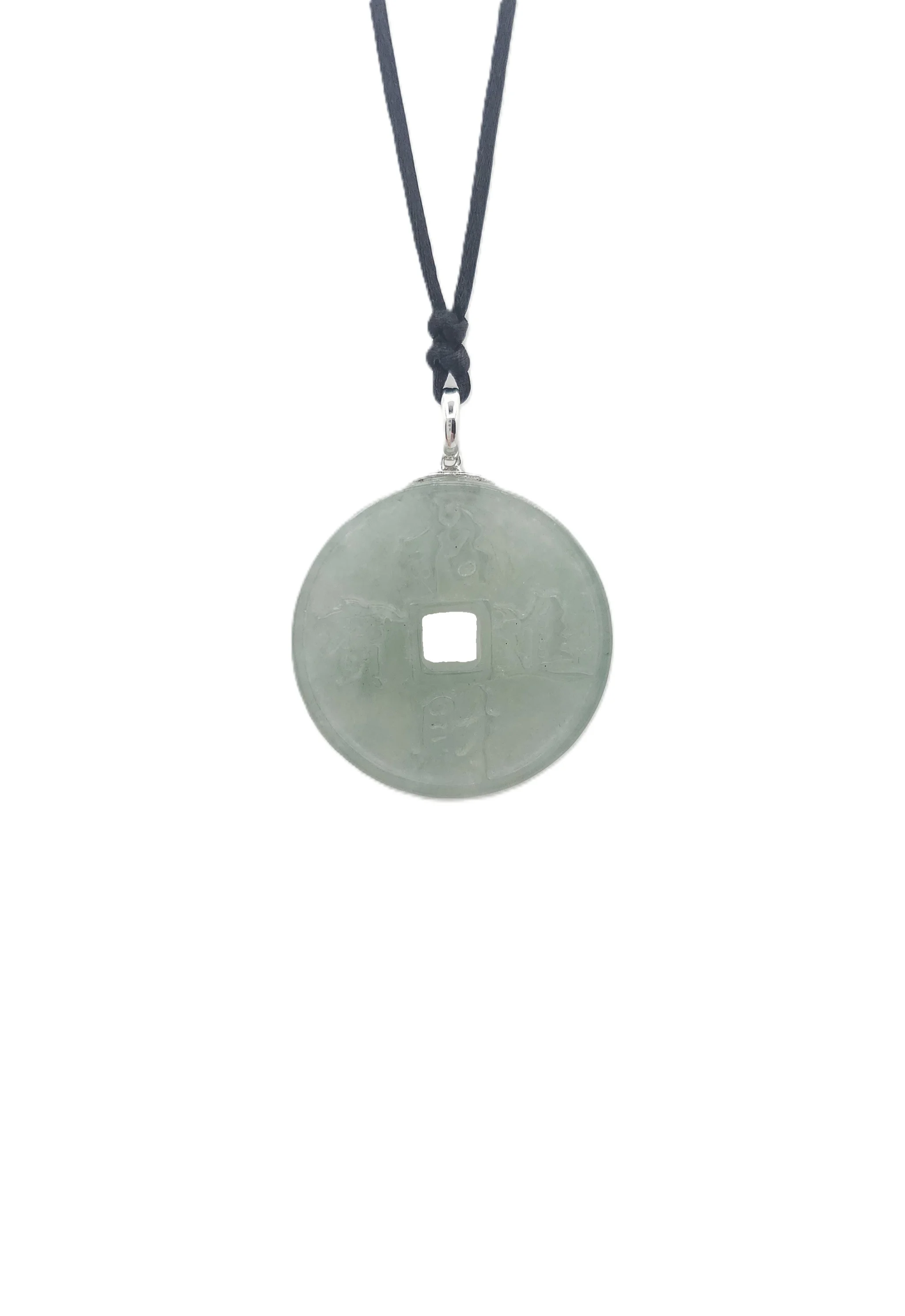 Pale Green Jadeite Jade Chinese Coin Pendant with 18K White Gold Clasp