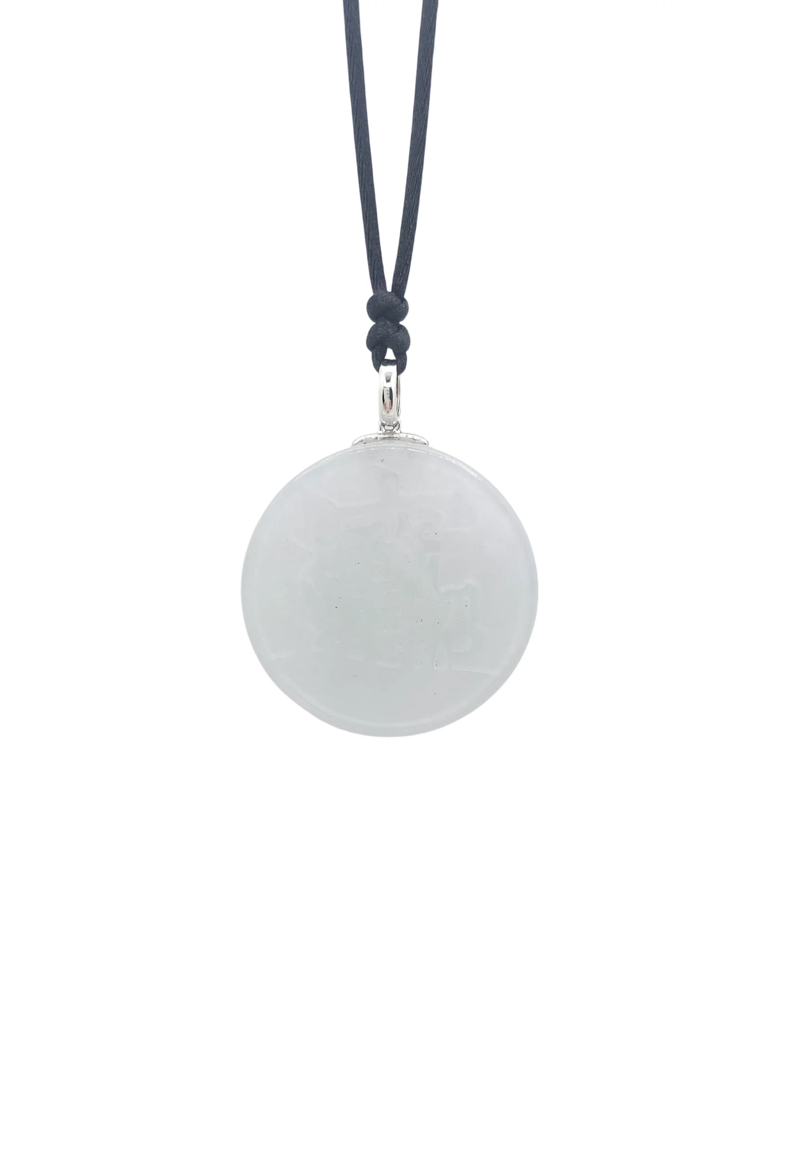 White and Light Green Patches Jadeite Jade Wealth and Treasure Disc Pendant with 18K White Gold Clasp