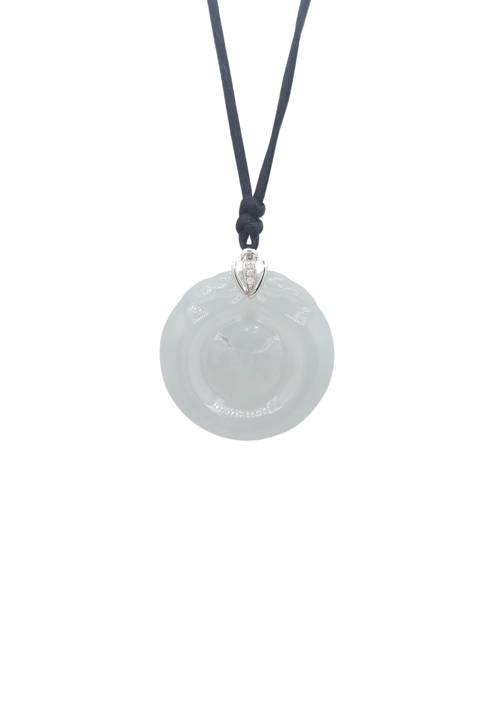 Pale Green Jadeite Jade Round Ruyi Pendant with Natural Diamonds and 18K White Gold Clasp