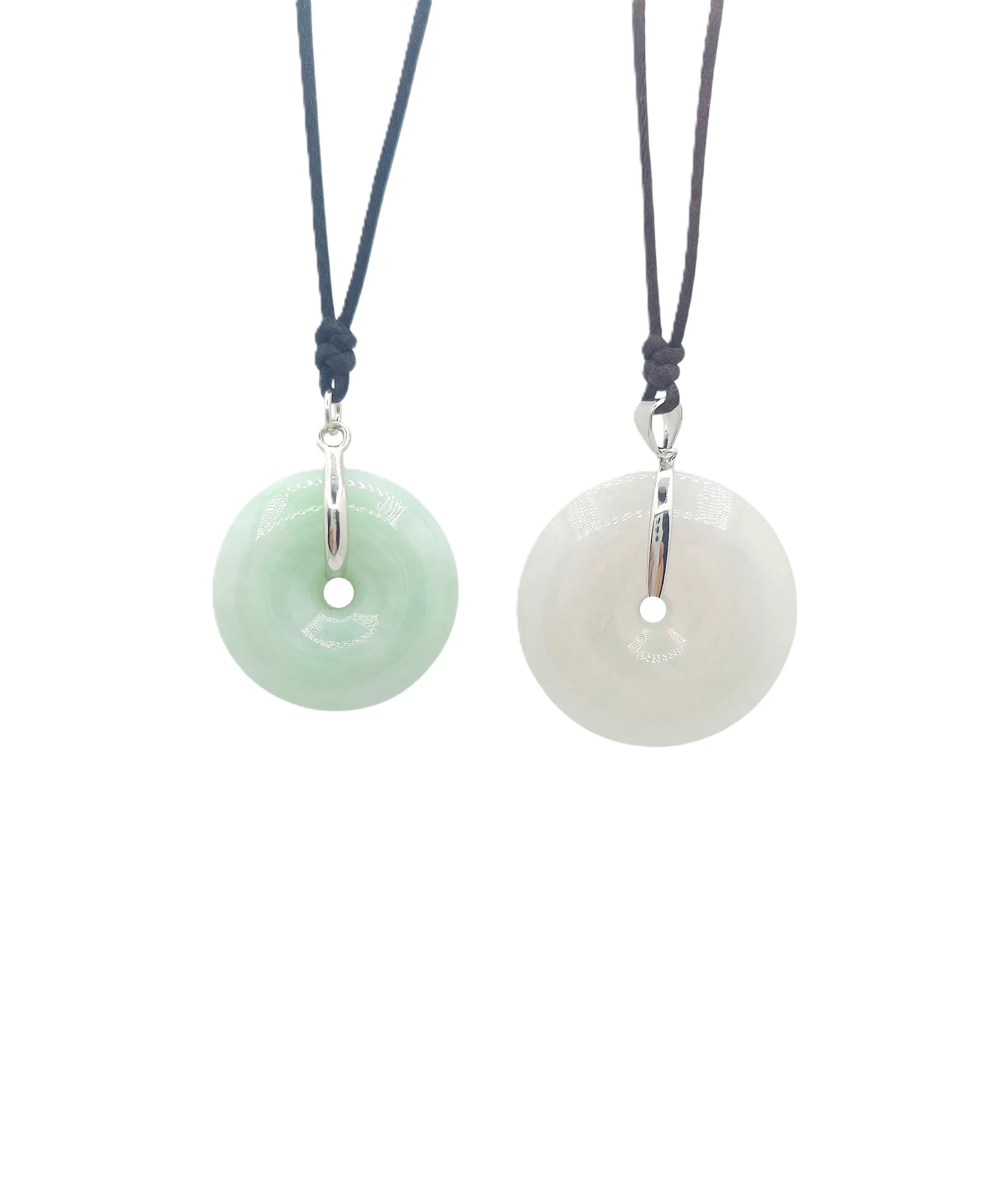 Light Green or White Jadeite Jade Donut Pendant with Silver Clasp