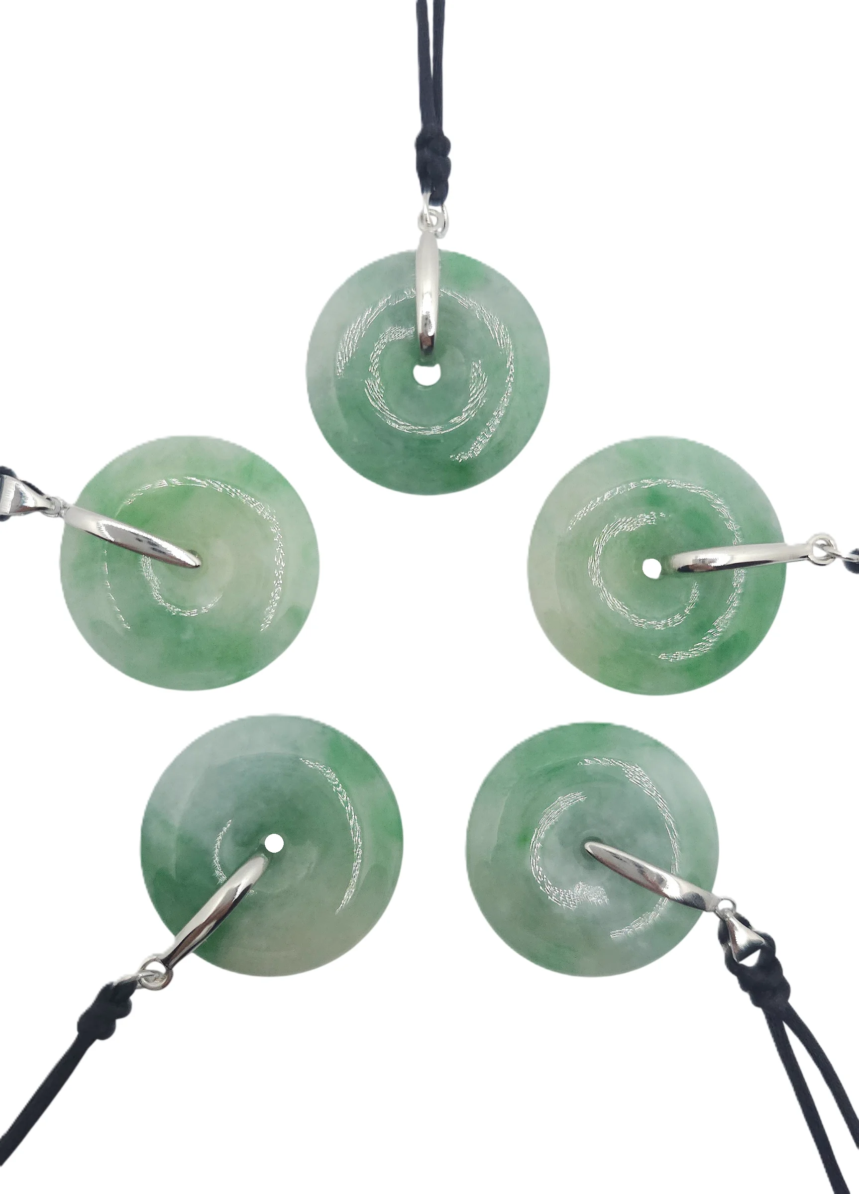 Green with White Patches Jadeite Jade Peace Round Pendant with Silver Clasp