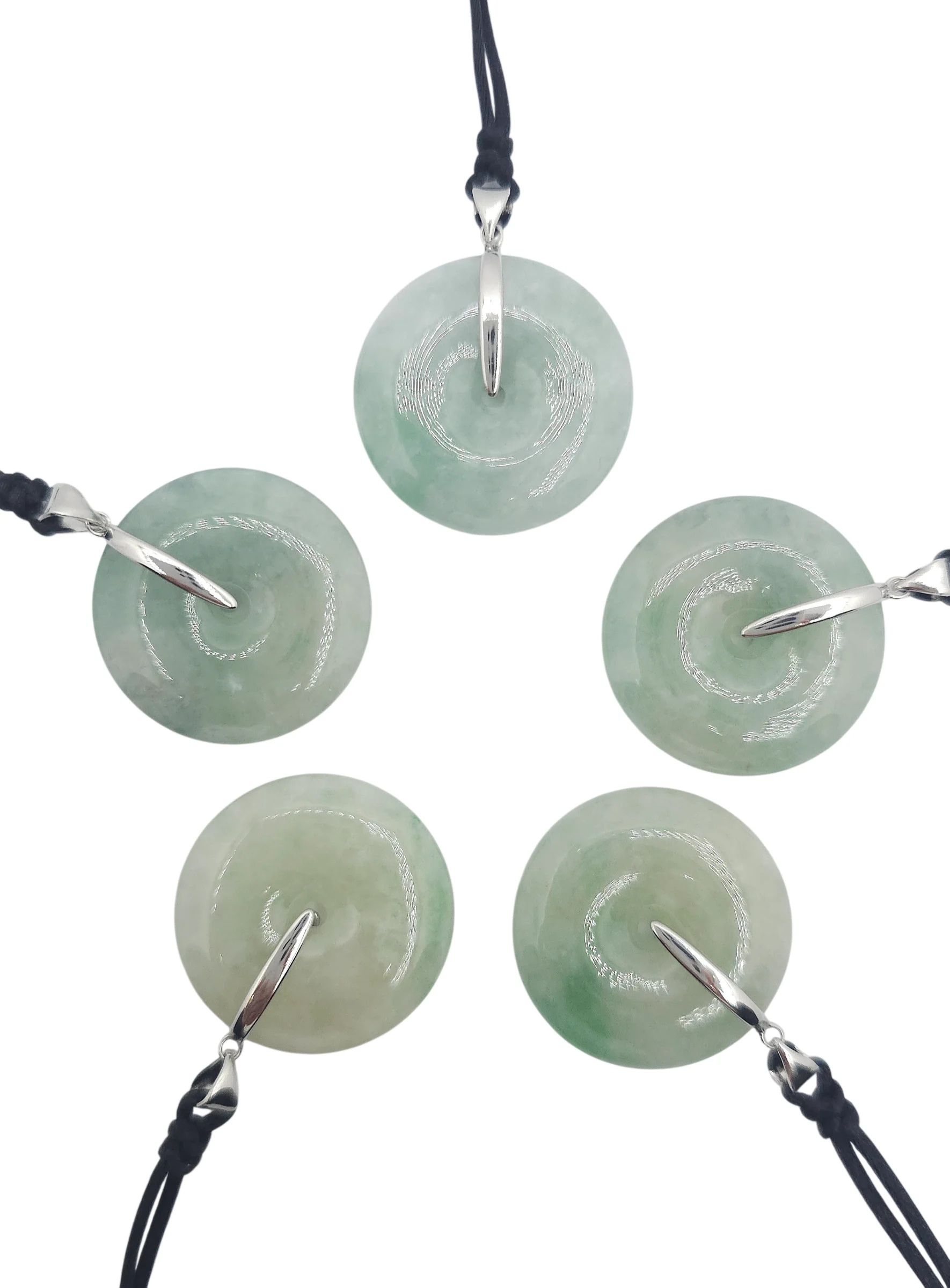 White with Green Patches Jadeite Jade Peace Round Pendant with Silver Clasp