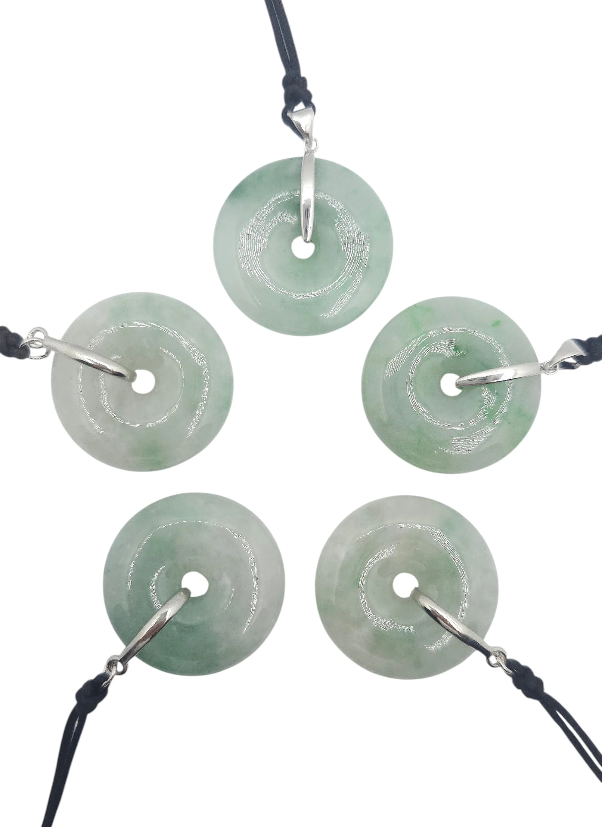 White with Green Patches Jadeite Jade Donut Pendant with Silver Clasp