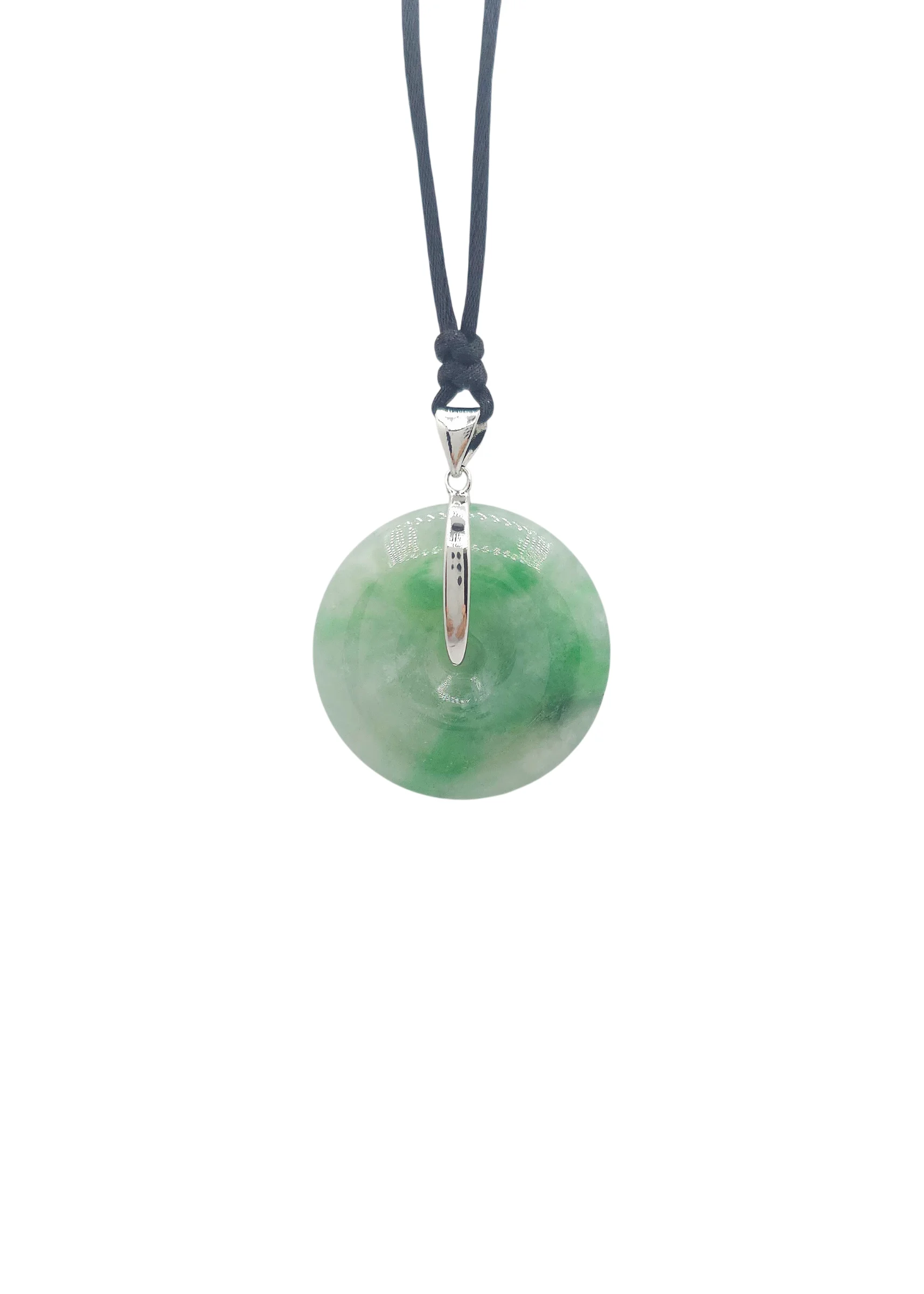 White with Intense Green Patches Jadeite Jade Peace Round Pendant with Silver Clasp
