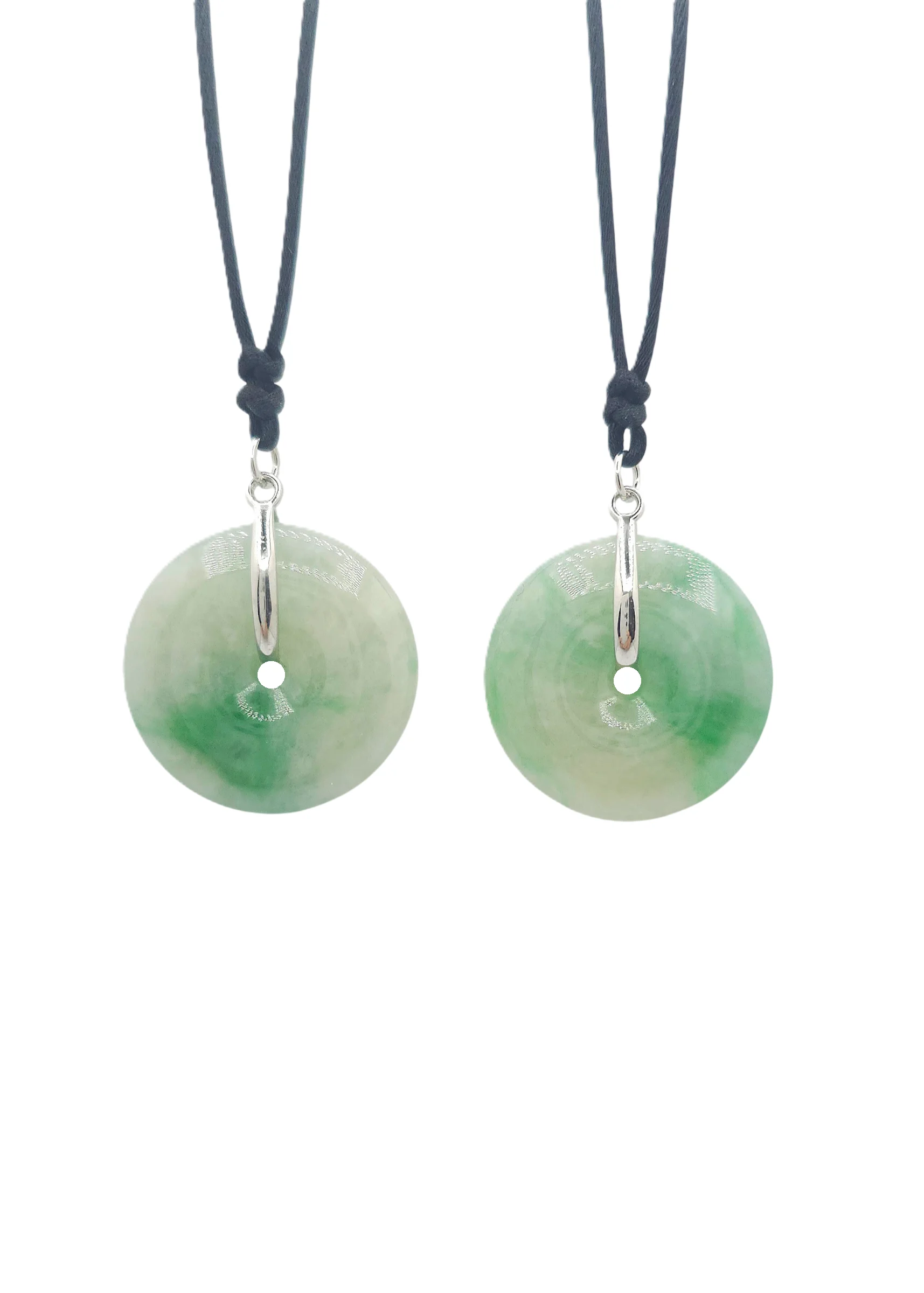 White with Intense Green Patches Jadeite Jade Peace Round Pendant with Silver Clasp