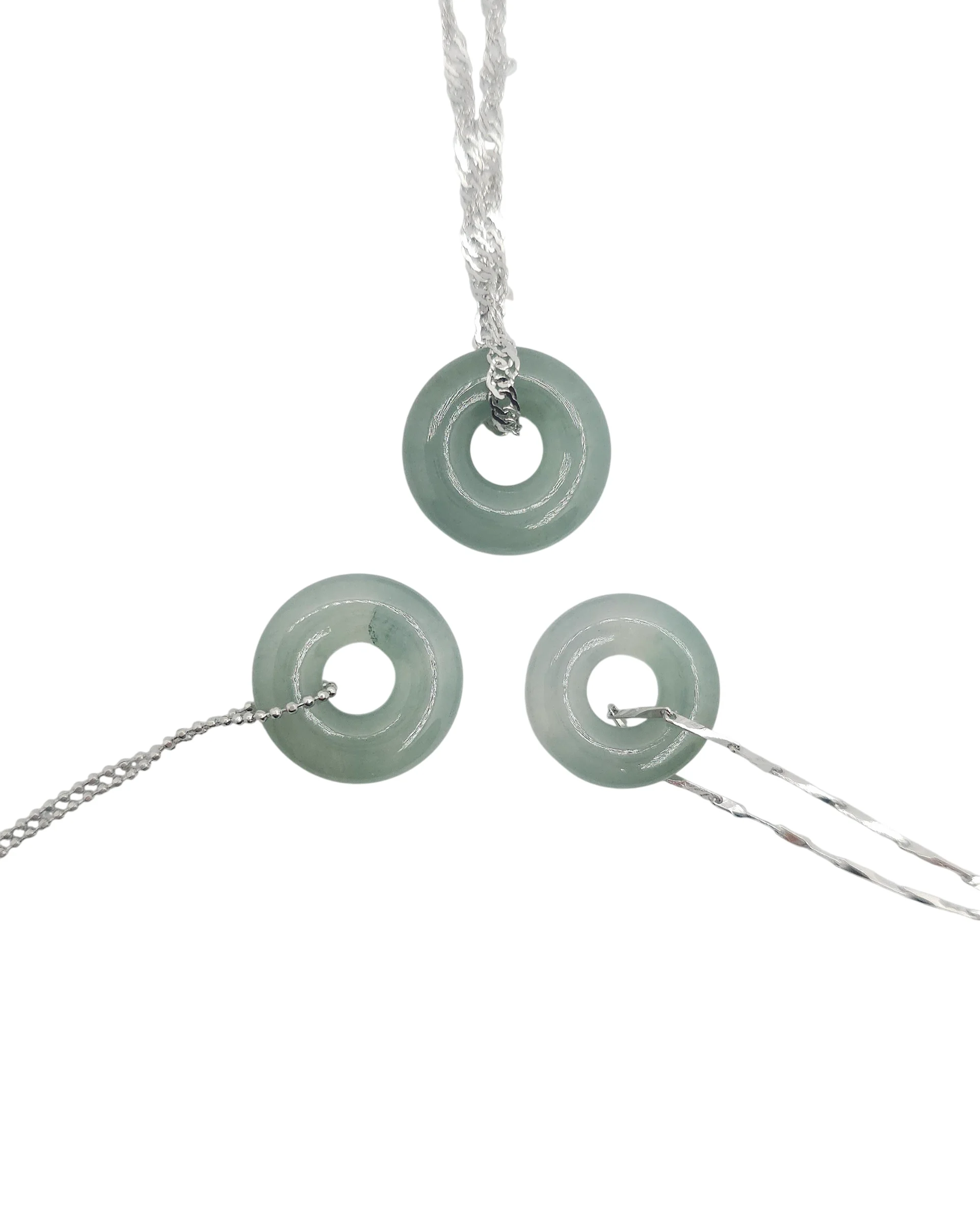 Pale Green Jadeite Jade Donut Pendant with Silver Chain